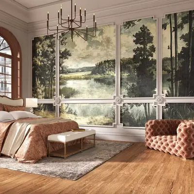 Schlafzimmer mit Landschaftstapete